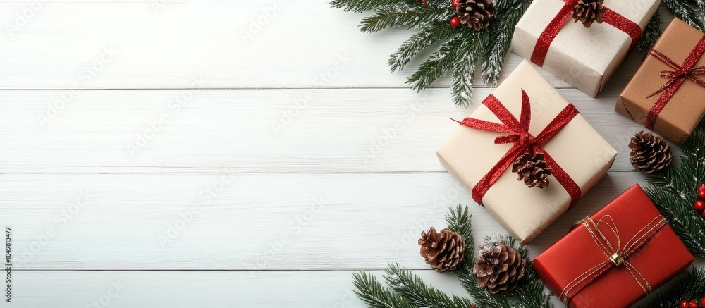Poster christmas gift boxes adorned with a pine branch on a white wooden table background. with copy space 