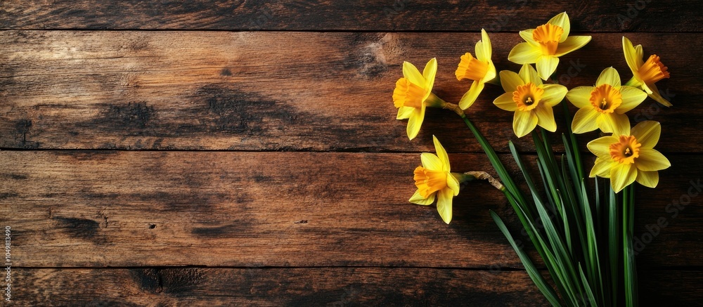 Poster Yellow daffodils on a wooden surface captured from above with room for text Flat lay top view copy space Concept for Easter and Mother s Day Floral backdrop