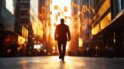 Silhouetted figure walking alone through a bustling urban landscape with the city lights and skyscrapers illuminated against the backdrop of a peaceful tranquil dusk sky