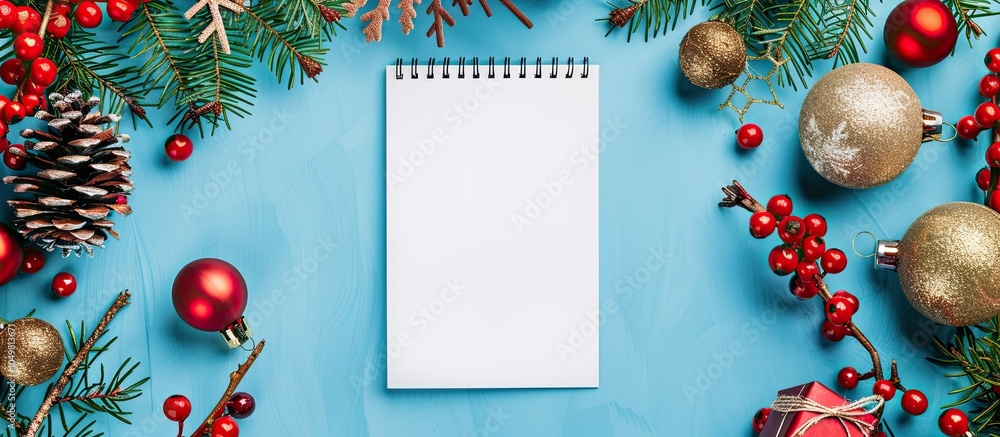 Poster postcard happy new year flat lay arrangement with notepad space for text and christmas decorations o