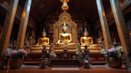 Fototapeta premium A serene image of a Buddhist temple in Betong, with intricate carvings and golden