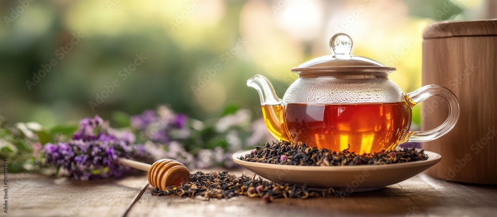 Fototapete closeup of a bowl with dry tea leaves a teapot and honey on a table. with copy space image. place fo