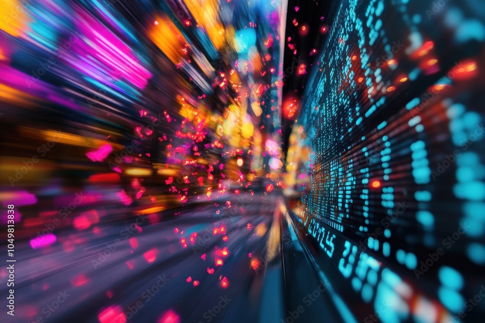 Poster vibrant blurred motion of glowing digital data streams luminous technology connections and abstract 