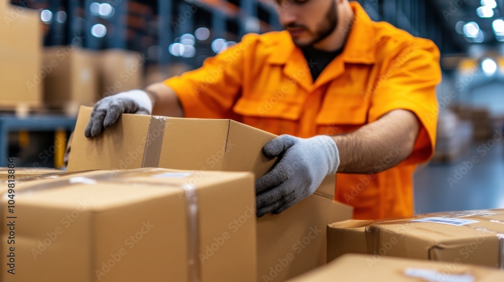 Poster warehouse worker in orange uniform and gloves handling and transporting cardboard boxes in a busy di