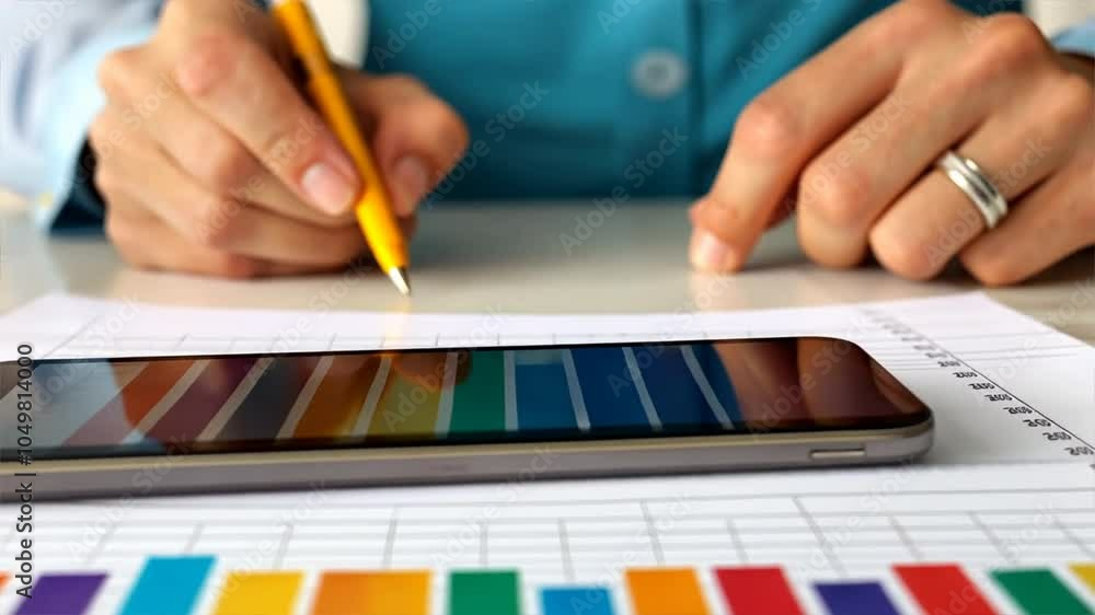 Poster focused on the task: a close-up shot of a hand diligently marking a document with a yellow pencil, a