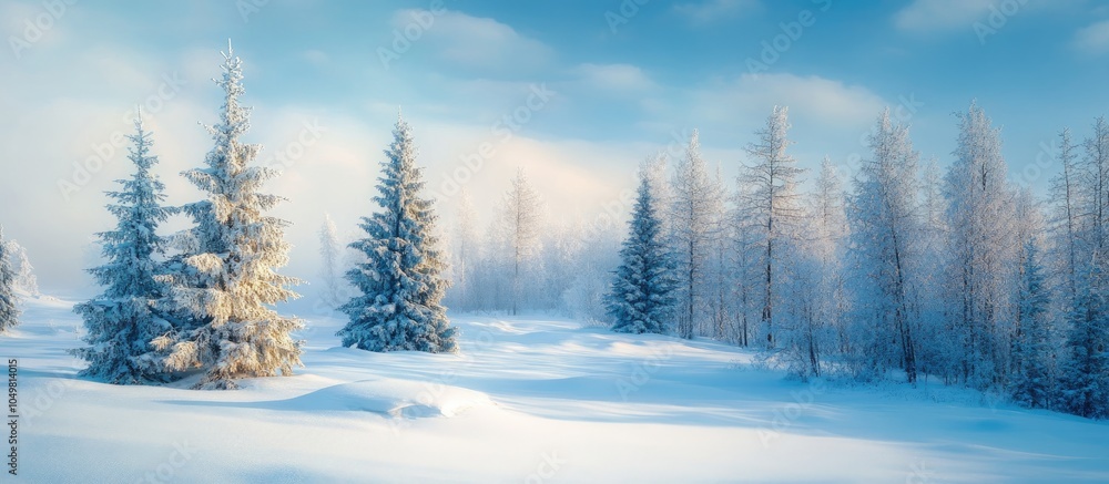 Poster a photograph of a snowy landscape featuring trees. with copy space image. place for adding text or d