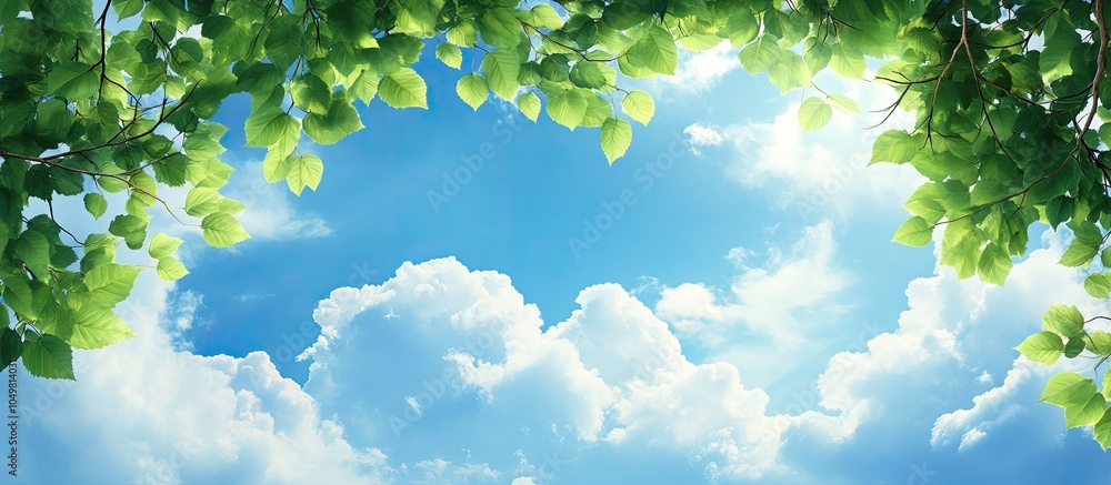 Poster blue sky backdrop with clouds surrounded by a border of leaves and tree branches copy space