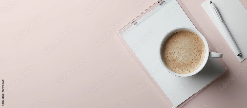 Poster Top view of a coffee cup and a clear notepad with a white pen on an office desk. with copy space image. Place for adding text or design