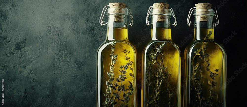 Poster Herb infused olive oil in clear bottles against a dark backdrop Rustic Top view. with copy space image. Place for adding text or design