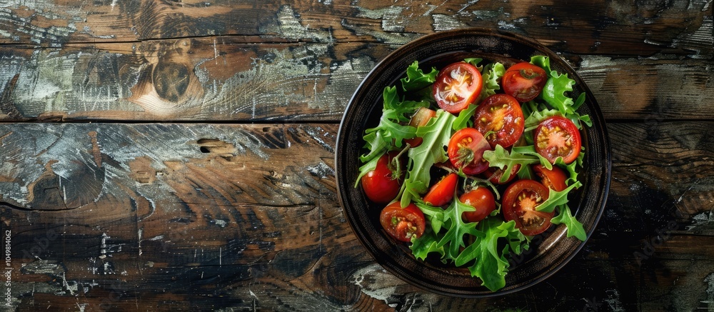 Poster Close up of a healthy salad featuring tomatoes in a vintage bowl on a rustic wooden surface Top view copy space