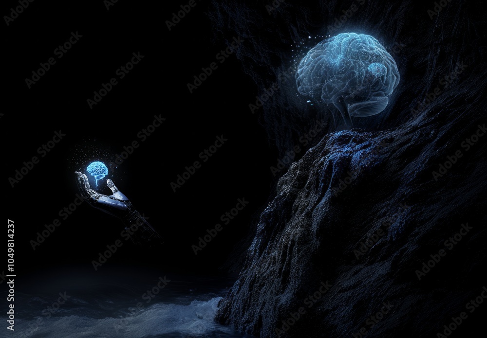 Poster artificial intelligence and human brain merge. close-up ai robot holds ai brain with open hand. arti