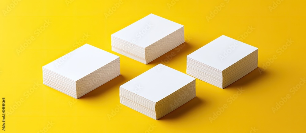 Aufkleber Mockup displaying four stacks of white business cards arranged in rows on a yellow design paper background. with copy space image. Place for adding text or design