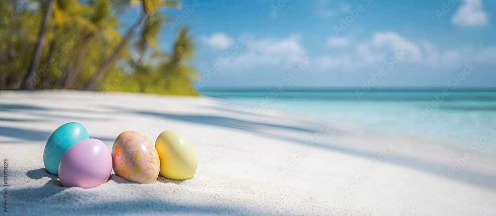 Poster easter set against a tropical beach backdrop eggs on the white sand theme of vacation and travel. wi