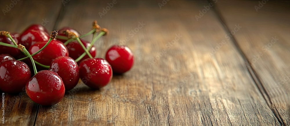 Poster sour cherries background of a wooden table. with copy space image. place for adding text or design