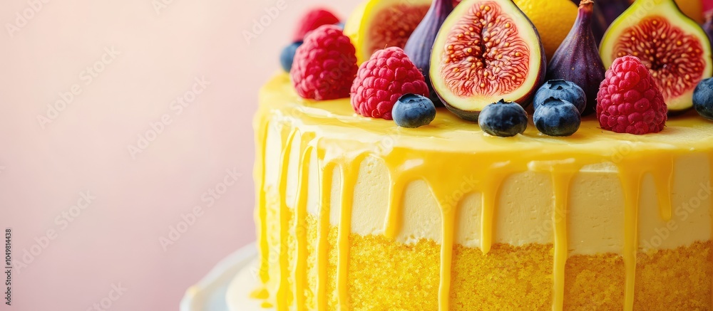 Aufkleber yellow citrus cake adorned with figs raspberries blueberries and lemon. with copy space image. place