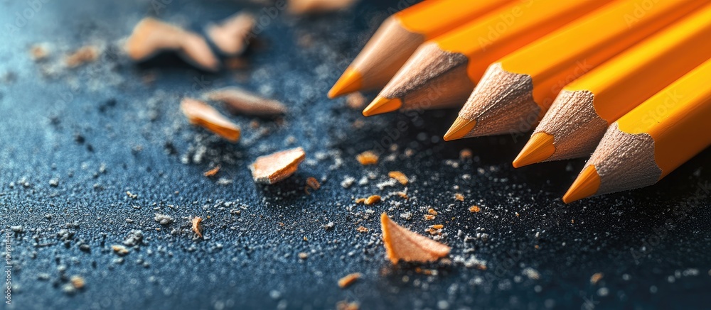 Poster Vibrant graphite pencils and shavings backdrop Back to school theme Close up photography. with copy space image. Place for adding text or design