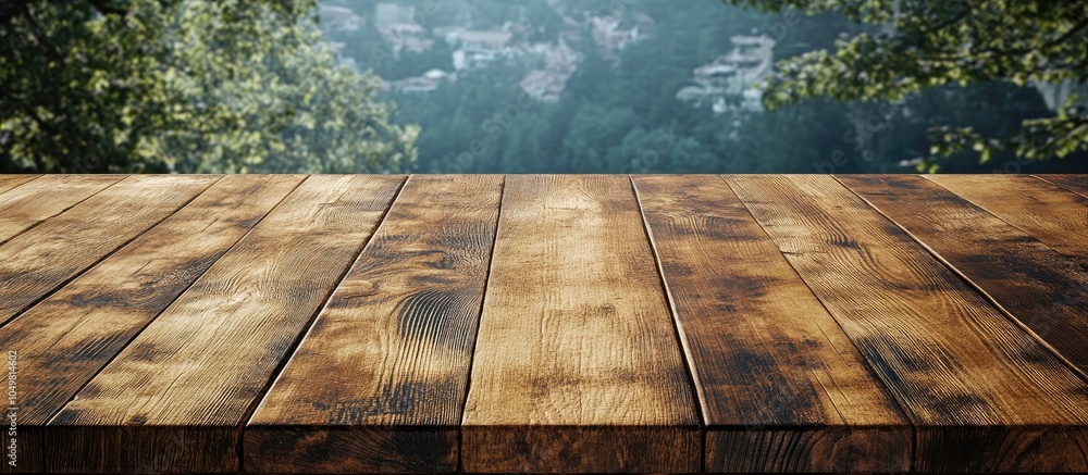 Aufkleber vintage wooden table set against a natural backdrop. with copy space image. place for adding text or