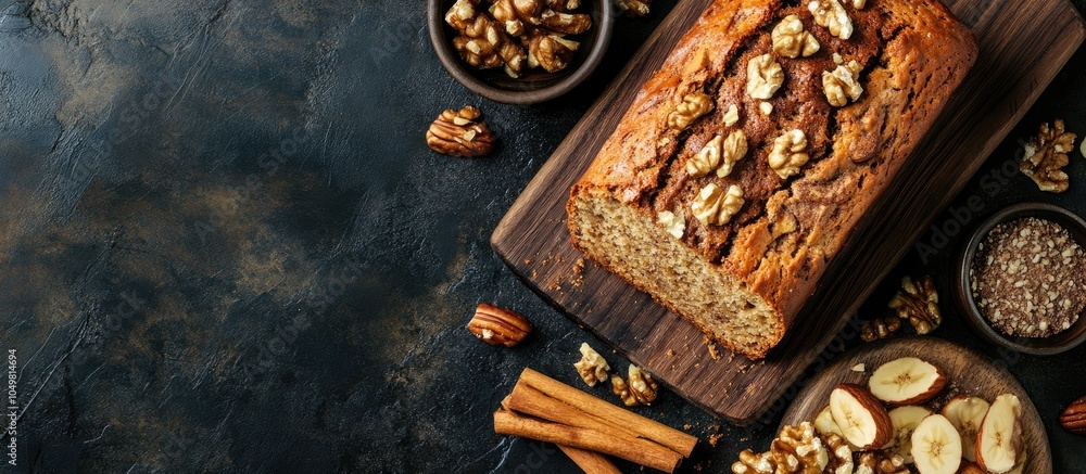 Poster banana bread with nuts and cinnamon on a dark background top view with copyspace