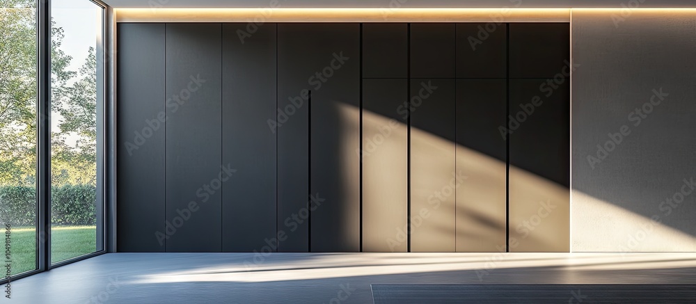Poster Front view of a modern room featuring a large wardrobe No one is present inside. with copy space image. Place for adding text or design