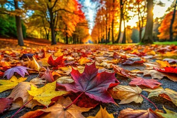 Fototapeta premium A colorful array of autumn leaves carpets the ground, showcasing nature's beauty and enchanting photographers and nature enthusiasts alike this fall season.