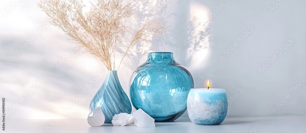 Aufkleber arrangement of a blue glass vase marble candles and quartz crystals on a white background minimalist