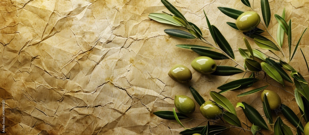 Fototapete textured vintage paper backdrop with fresh olives. with copy space image. place for adding text or d