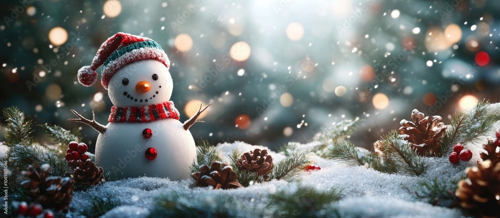 Poster Christmas and New Year festive backdrop featuring a snowman. with copy space image. Place for adding text or design
