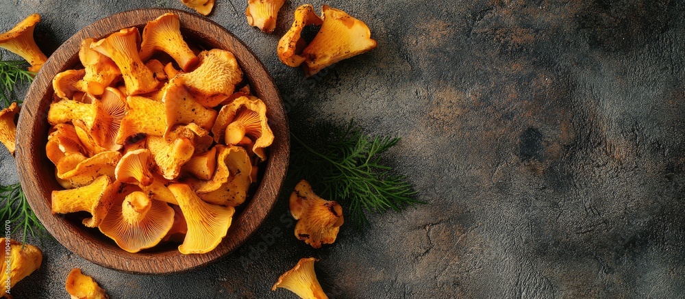 Leinwandbilder Fresh chanterelle mushrooms are delicious snacks displayed on a table featuring a rustic top view with plenty of copy space