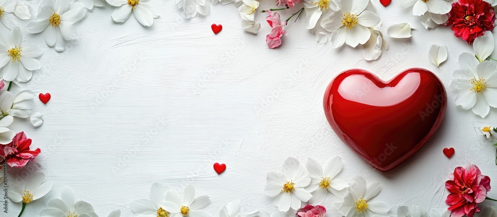 Aufkleber Happy Valentine s Day card featuring spring flowers on a white background with a red heart. with copy space image. Place for adding text or design