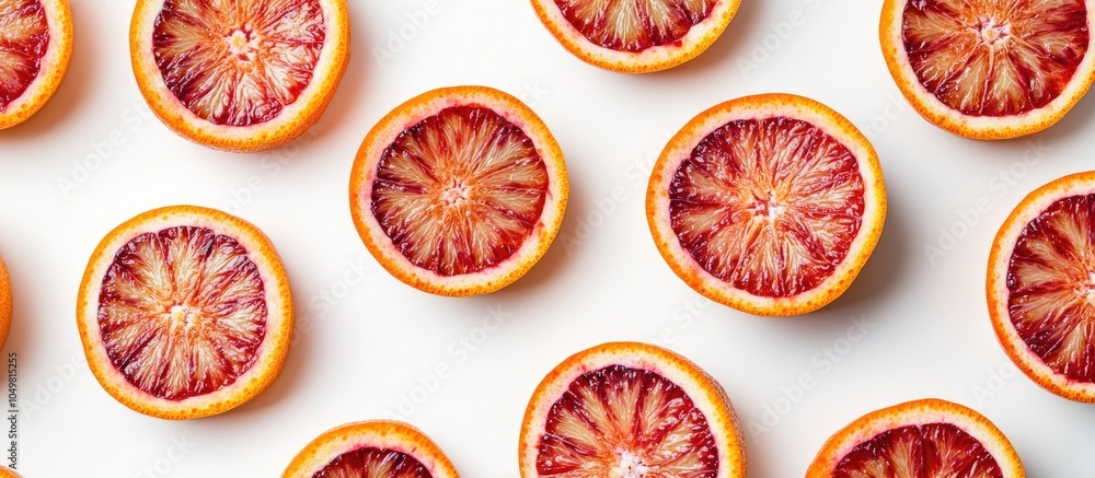 Poster freshly sliced ripe blood oranges on a white background top view flat lay. with copy space image. pl
