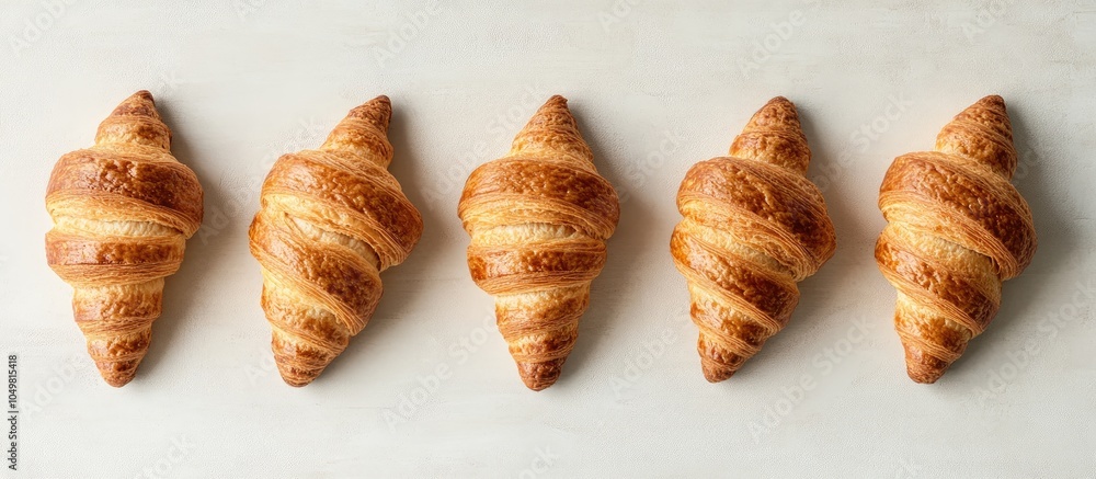 Poster five rustic artisan french croissants in a horn shape arranged in a flat lay modern composition. wit