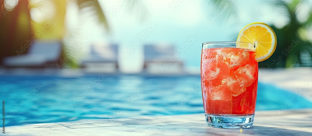 Aufkleber Pleasant cocktail by the pool Selective focus Beverage. with copy space image. Place for adding text or design
