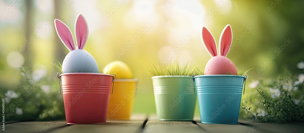 Leinwandbilder Easter eggs with rabbit ears in colorful buckets selective focus image card wishing a Happy Easter. with copy space image. Place for adding text or design
