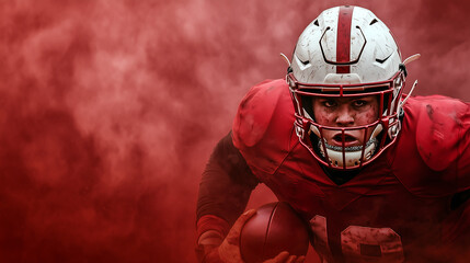 Intense Moment on the Field A Focused American football player Navigates Through the Red Smoke of Competition Ready to Make a Game-Changing Move
