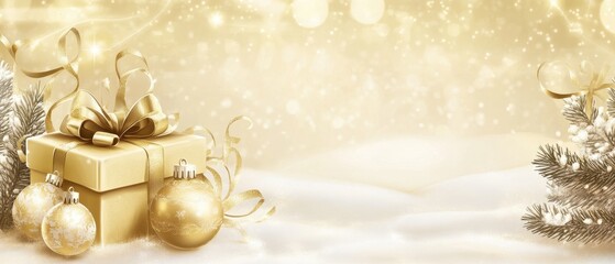 Elegant Golden Christmas Scene with Gift Box and Ornaments