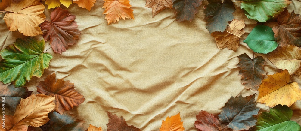 Aufkleber creative arrangement of leaves circular frame of autumn leaves on a wrinkled fabric background with 