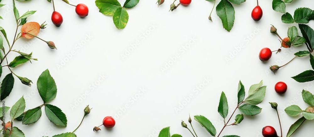 Fototapete Forest flat lay featuring a circular arrangement of natural elements Rose hip and leaves are arranged like a clock on a white background. with copy space image. Place for adding text or design