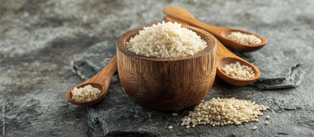 Poster parboiled rice in a wooden cup accompanied by wooden spoons and grains beside it all arranged on a s