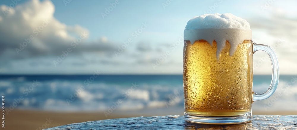 Poster A mug of beer with froth and bubbles rests at the edge of a table with the sea in the background. with copy space image. Place for adding text or design