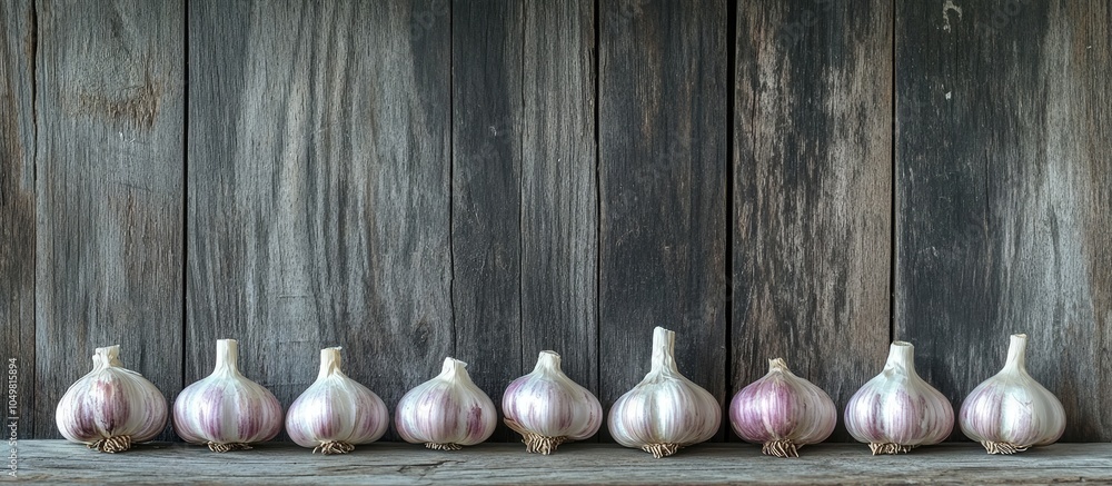 Poster garlic is arranged in a line on a rustic wooden backdrop copy empty space for text