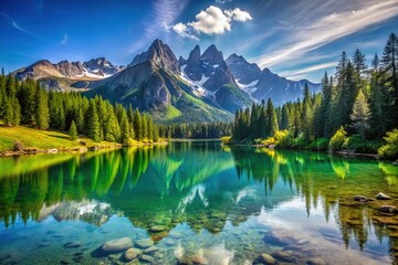 Obraz premium A peaceful lake nestled among majestic mountains, surrounded by lush greenery, offers a clear blue sky backdrop, creating a perfect scene of tranquility and beauty.