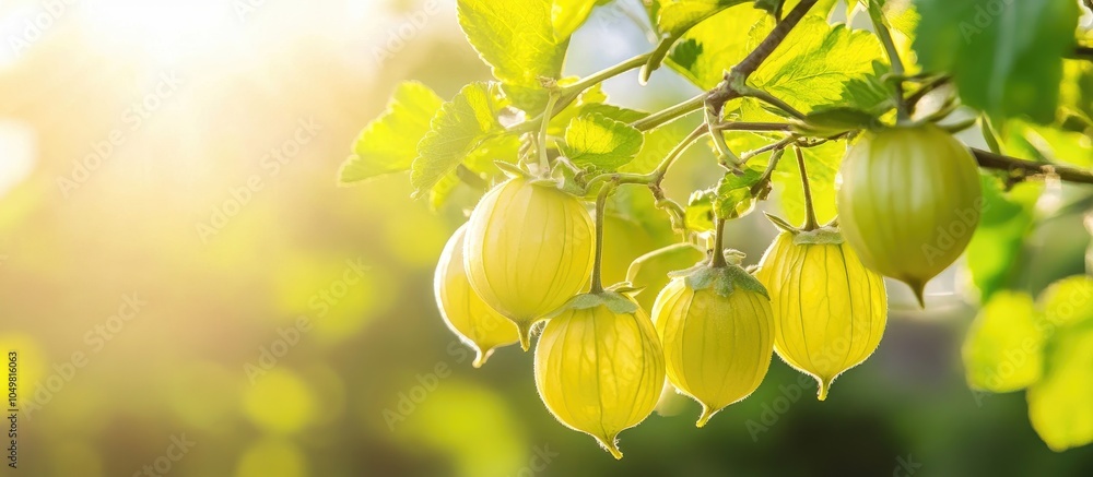 Poster star gooseberry on a tree in the morning light close up with copy space for text concept of organic 
