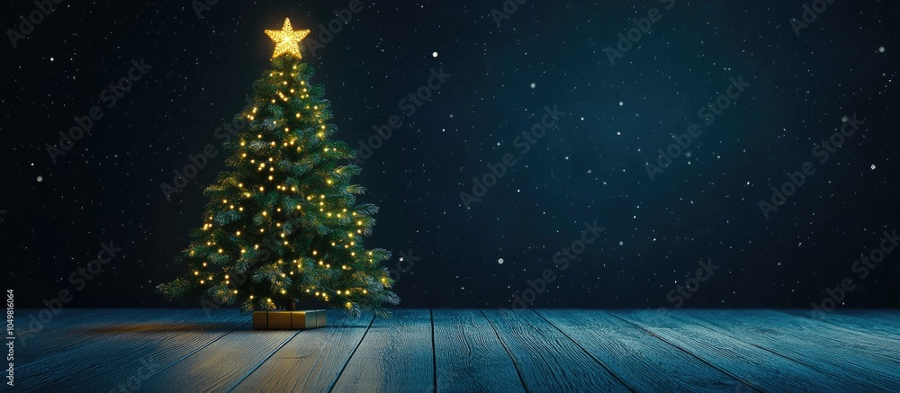 Poster festive christmas tree adorned with fairy lights. with copy space image. place for adding text or de
