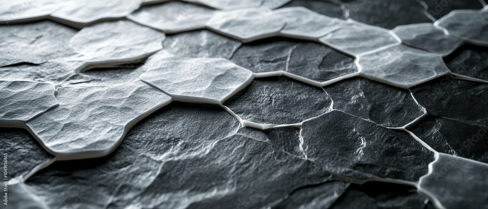 Poster closeup view of detailed white hexagonal patterns on dark surface