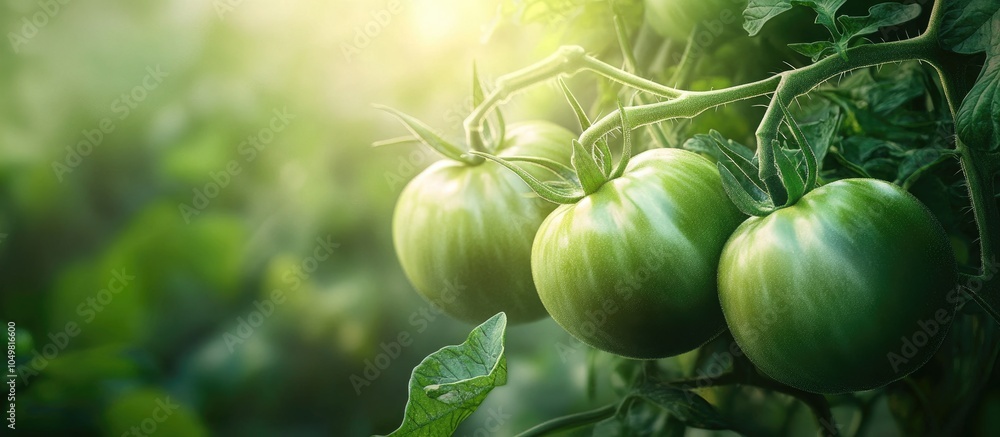 Fototapete green tomatoes in the garden. with copy space image. place for adding text or design