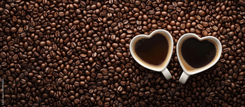 Aufkleber Two heart shapes filled with coffee cups on a surface covered in coffee beans. with copy space image. Place for adding text or design