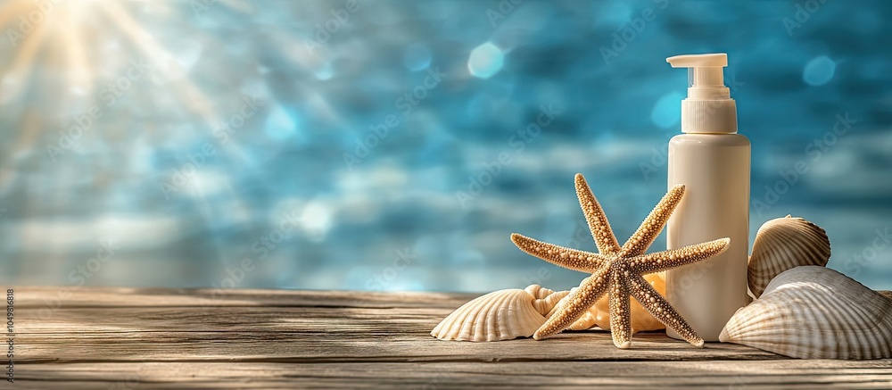Aufkleber Sunscreen bottles featuring seashells and starfish on a wooden table representing the concept of summer travel vacation. with copy space image. Place for adding text or design