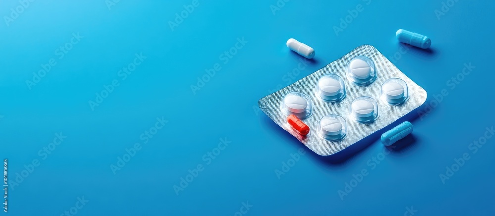 Aufkleber Used empty blister package and various pills on a blue background. with copy space image. Place for adding text or design