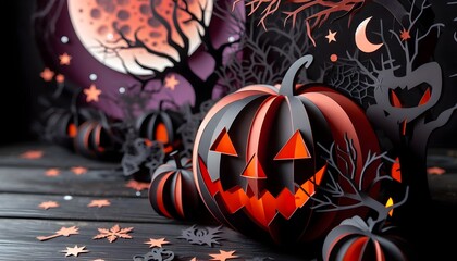 Close-Up of a Vampire Bat with Halloween Night Sky, Creepy Branches, and Decorative Elements in Ruby and Black &ndash; Papercraft Style