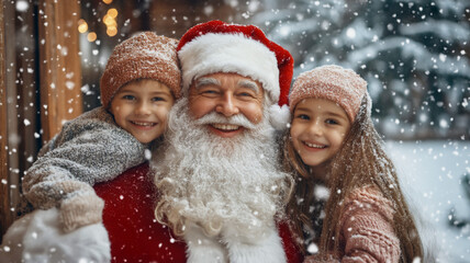  Father Christmas posing with Family inside a snowy house happy 